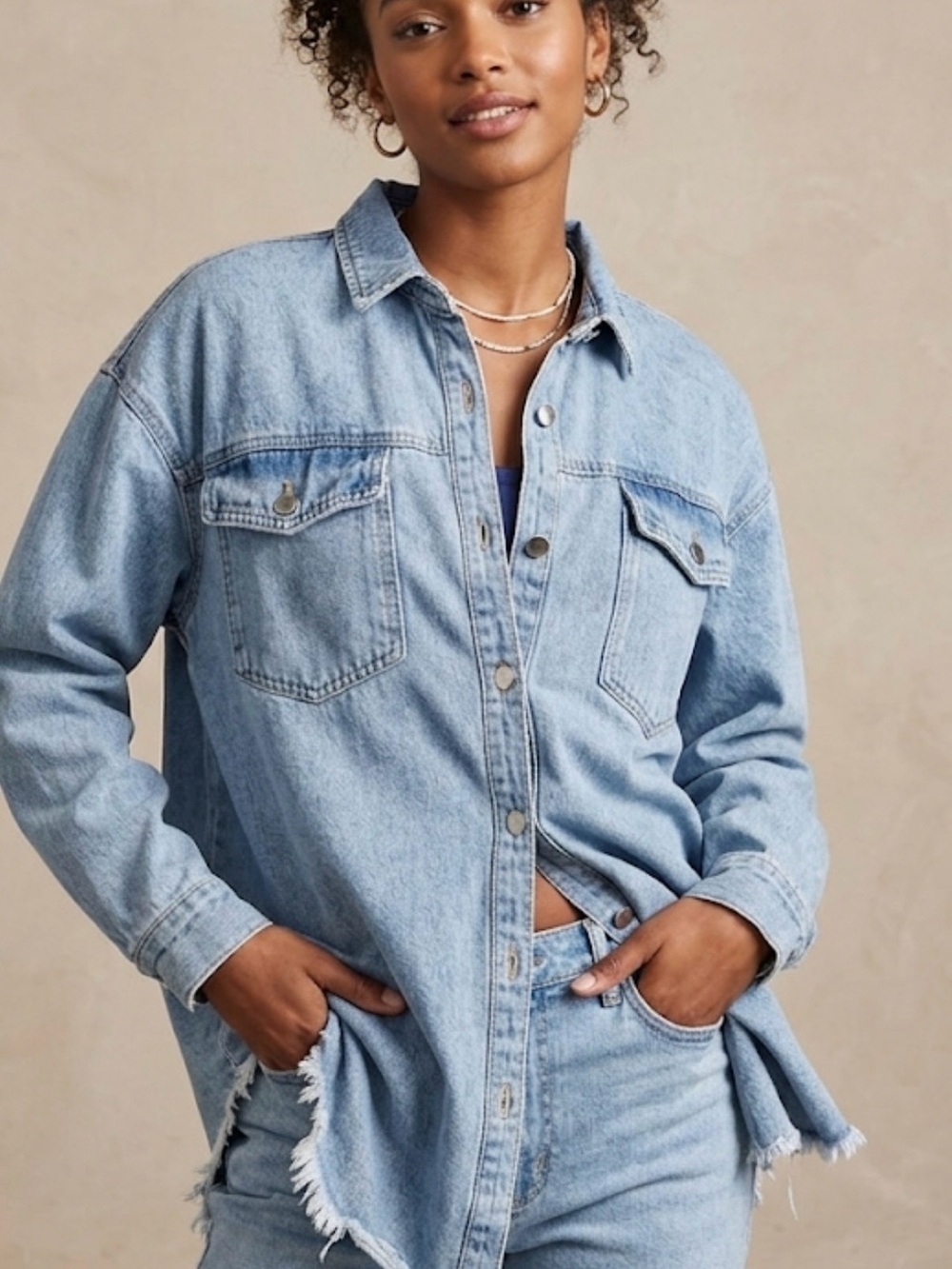 Polagram Light Blue Denim Shacket with Raw Hem